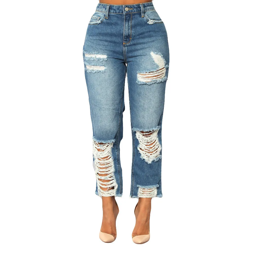 

Bleach Wash Shredded Ripped Pencil Skinny Jeans Women Blue High Waist Skinny Long Pants Stretchy Denim Jeans #0225