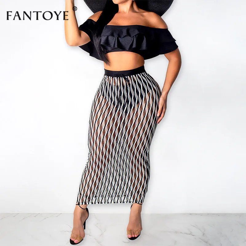 

Fantoye 2019 Summer Two Piece Set Dress Women Off Shoulder Crop Top Striped See Through Maxi Dress Holiday Dress Suit Vestidos