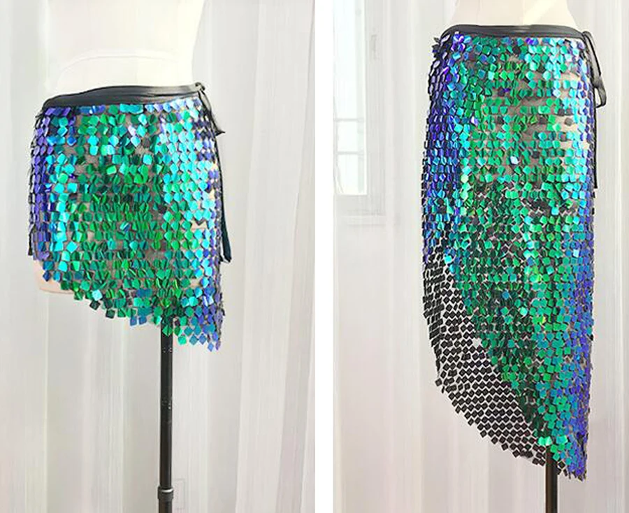 

New Shine Triangle Sparkling Belly Dance Hip Scarf Shawl Belt Green Mermaid Long Akirt And Short Skirt
