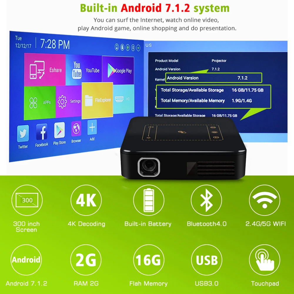 ThundeaL T20 DLP проектор Android 7 мини светодиодный WiFi T5 проектор Bluetooth 2K 4K 3D портативный DLP-100 проектор батарея домашний кинотеатр