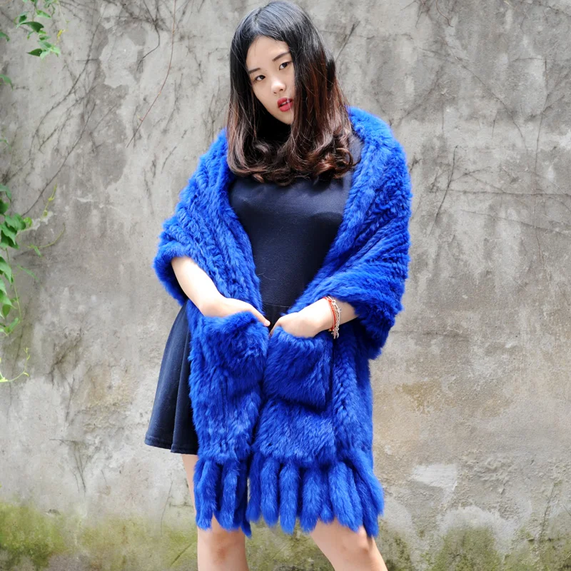 

CX-B-14D Spring Autumn Genuine Real Knitted Rabbit Fur Poncho Wrap Scarves Women Natural Rabbit Fur Shawl