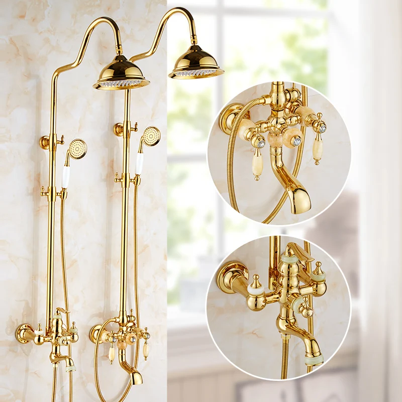 

Shower Faucets Luxury Gold Polished Bathroom Rainfall Shower Faucet Set Mixer Tap With Hand Sprayer Jade Bath Shower Head YD-611