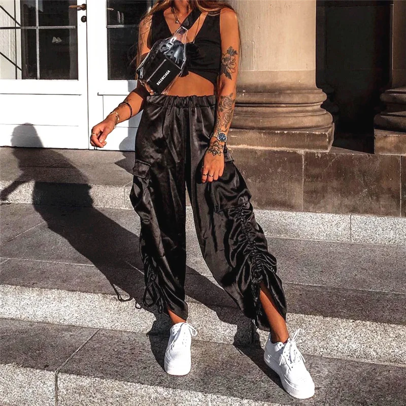 

States 2018 new cross border express sell fashion fashion hip-hop women's Satin high waist loose ropes flared trousers
