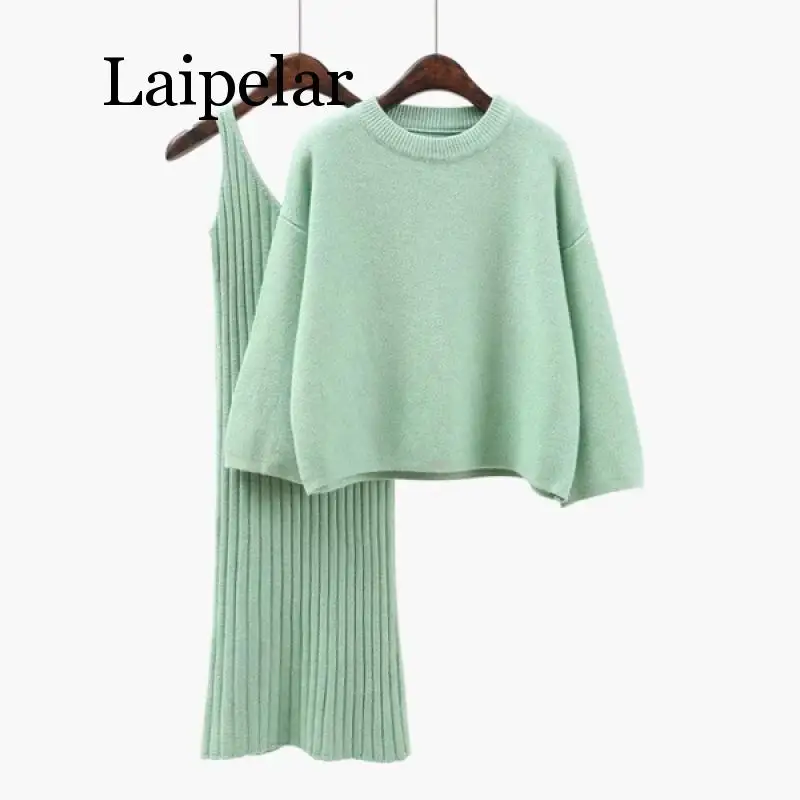 

Laipelar 2019 Autumn Womens Sweater + Strap Dress Sets Solid Color Female Casual Two-Pieces Suits Loose Sweater Knit Mini Dress