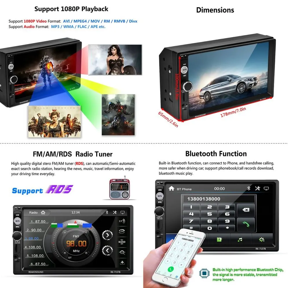 

Reakosound Full HD 1080P 7 inch IR Remote Control Touch Screen Bluetooth/FM/TF/USB Car MP5 Player with Rear View Camera