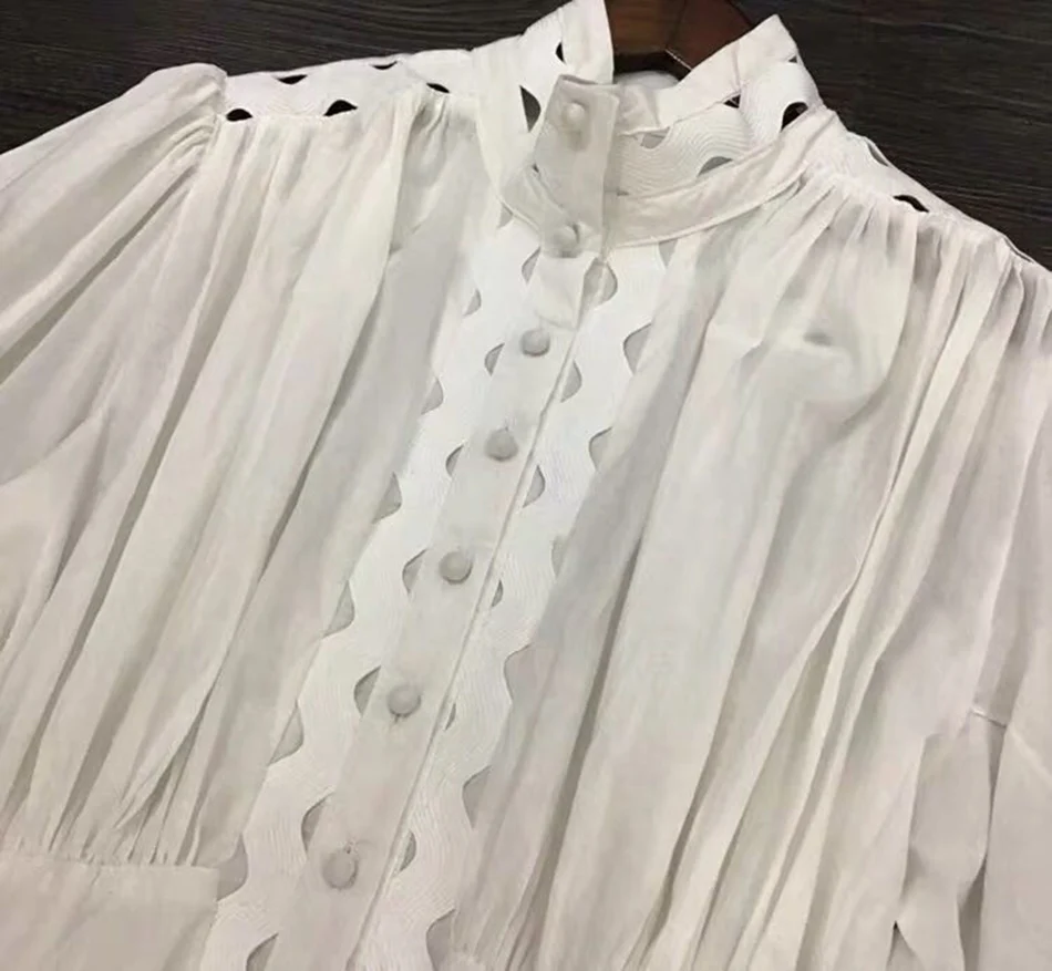 Amily.c Summer hollow women's dress stand collar lantern sleeves high waist Slim long dress female fashion new white