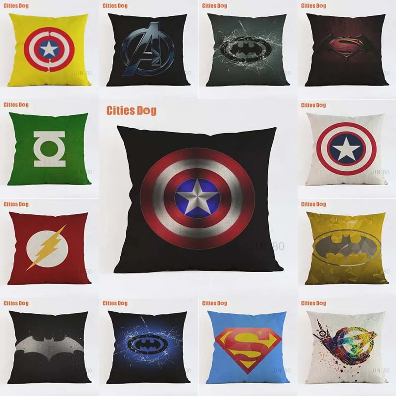 

American Pop Style Super Heros Cushion Cover Captain America Superman Iron Man Batman Pillow Covers Sofa Chair Linen Pillow Case