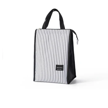 

10PCS / LOT Portable Women Lunch Bag Reusable Pouch Lunch Bags Black White Stripes Picnic Cooler Box Wholesale