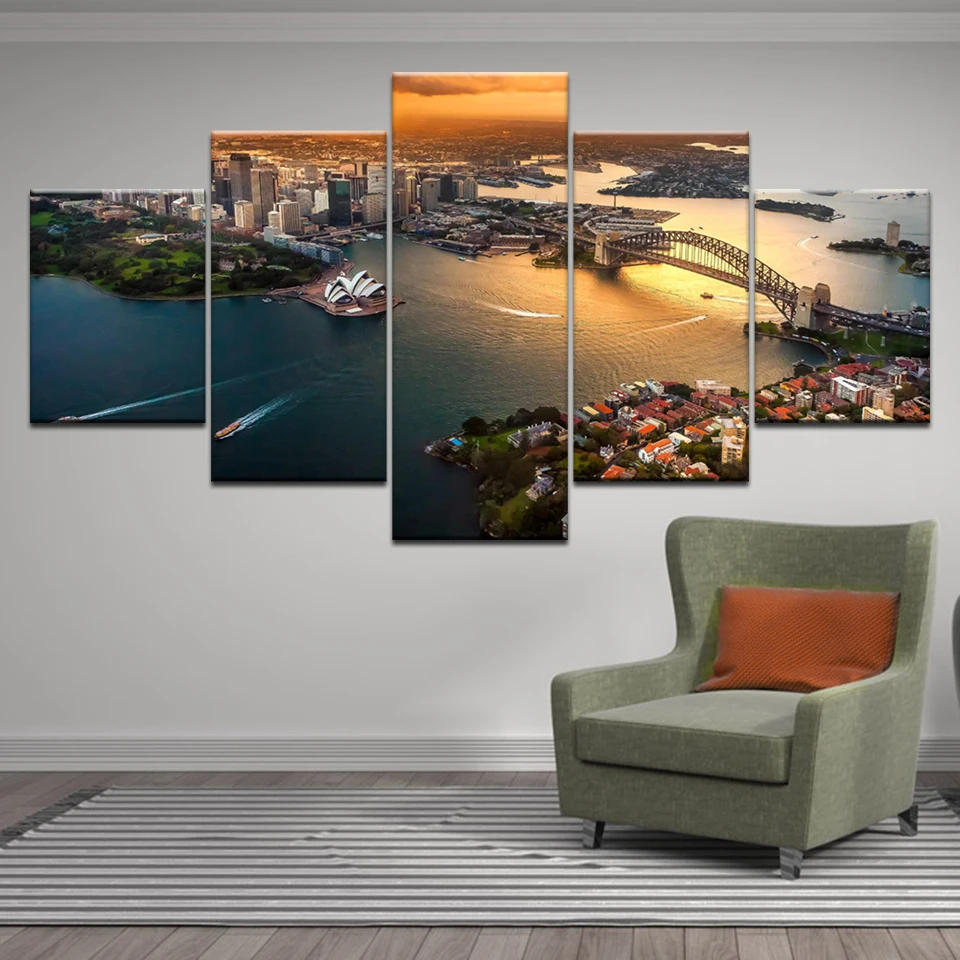 

Wall Art Poster Room Home Decor Canvas Pictures 5 Pieces Sydney Opera House Building Boat Seascape Painting Sunset landscape