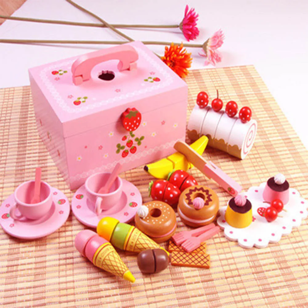  Baby Toys Strawberry Simulation Cake/Afternoon Tea Set Cut Game Pretend Play Kitchen Food Wooden To - 4000019189279