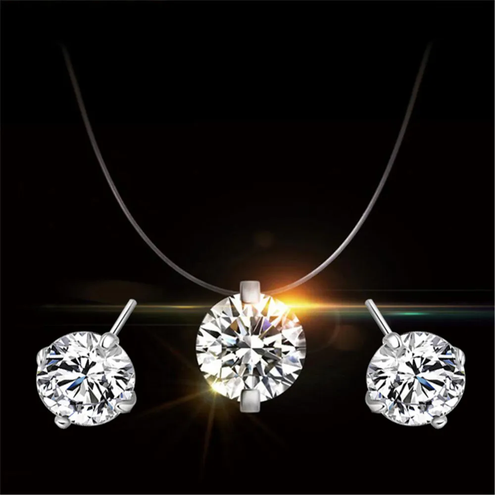 

100% Silver 925 AAA Jewelry Sets for Women Fishing Line Zircon Pendant Necklace and 4-Claw Stud earrings Set