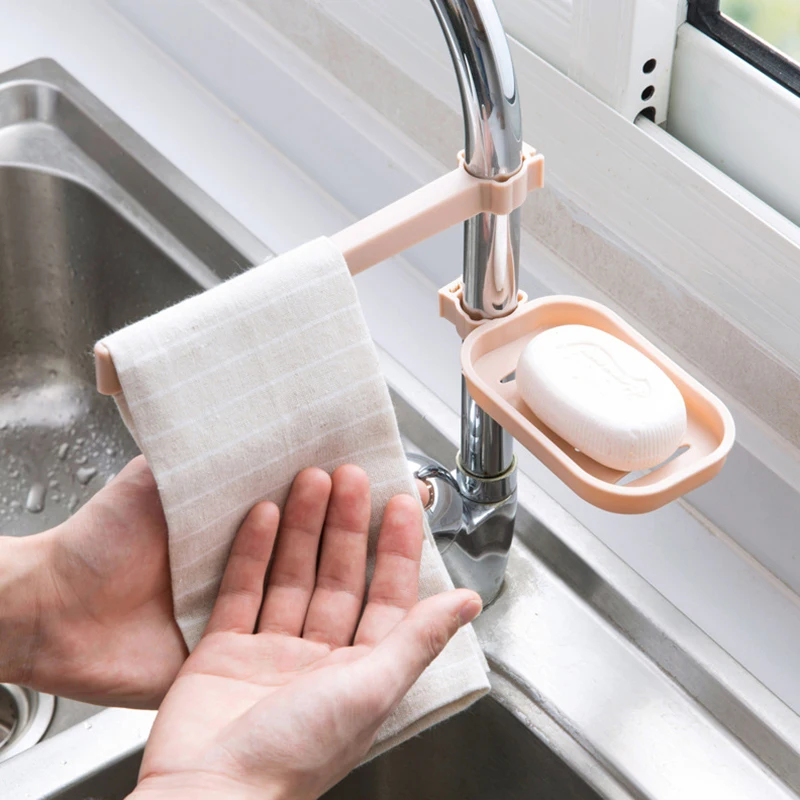 

Practical Faucet soap holder Cleaning towel Storage Rack with Drain Soap Dish Rotating Kitchen Sink Clamp towel holder