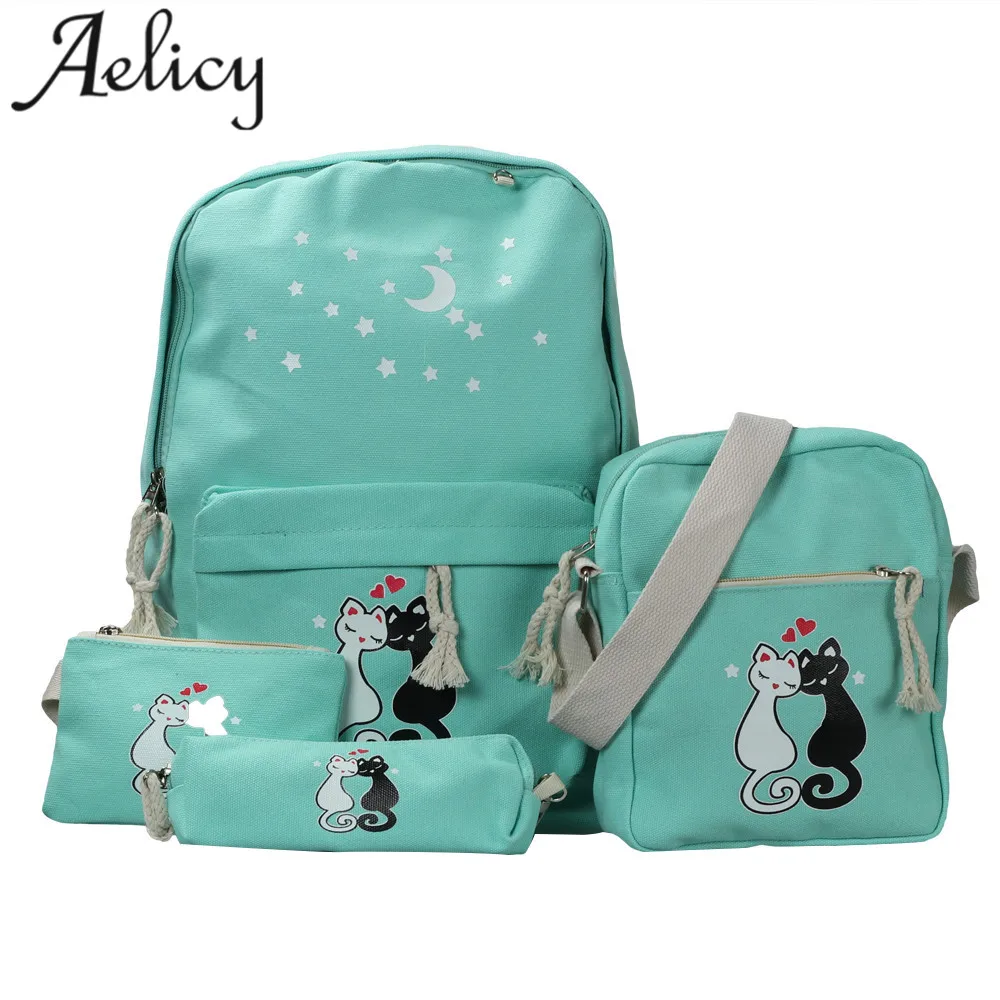 

Aelicy 5 Pcs/set Women Backpacks Cute Cat For Teenage Ladies Shoulder School Bags Printing Canvas Backpacks for school girls