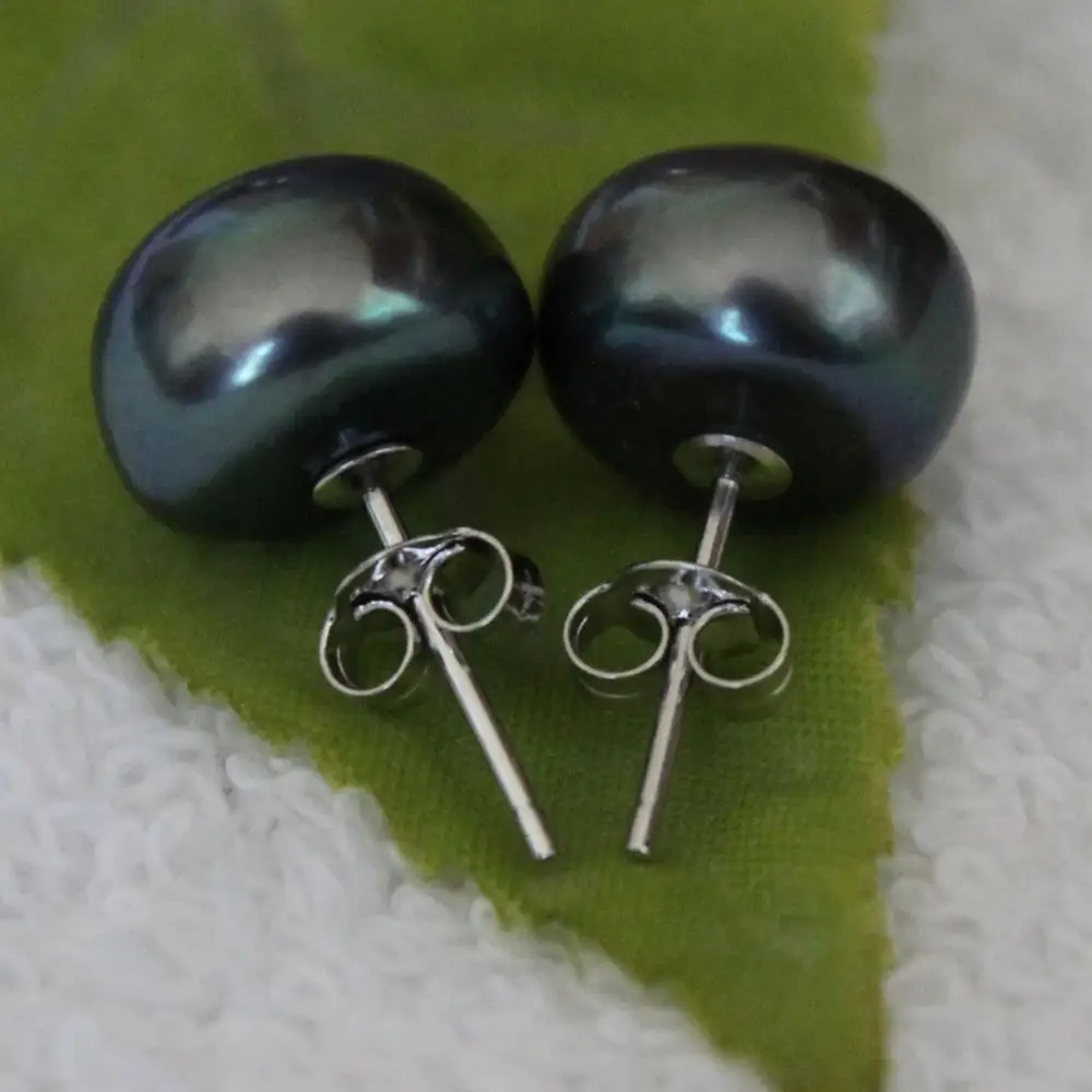 

free shipping NEW HOT 11-12MM SOUTH SEA BLACK STUD PEARL EARRING 925 Silver AAA+011LK 925silver