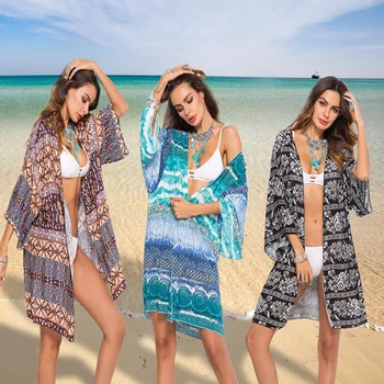 

Floral Print Casual Beach Swimwear Bikini Beach Cover Up Kimono Chiffon Poncho Blouse Shirt Summer Plus Size Women Long Loose
