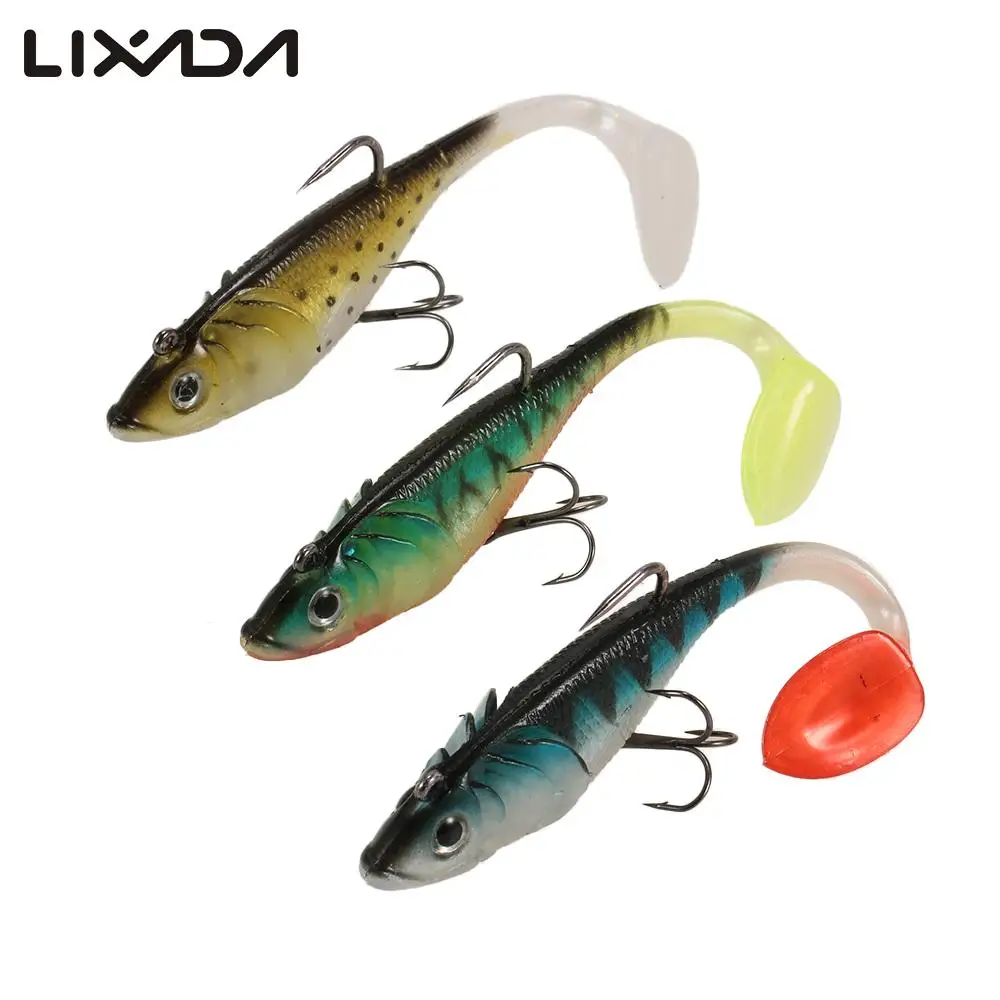 3Pcs 3D Eyes Fishing Lures Set Kit with T Tail Trebble Hook Soft