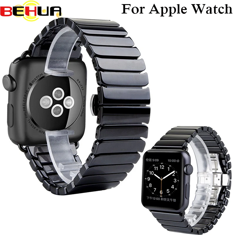 

Ceramic Watch Band for Apple Watch 38mm 42mm Series 1 2 3 Link Bracelet Butterfly Buckle Black White Glossy Smart Watch Belt