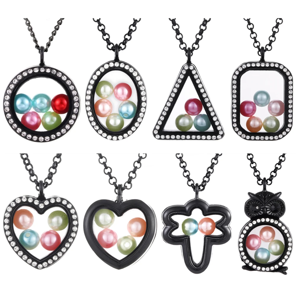 

Living Memory Geometry Diameter 8mm Beads Black Pearl Cage Glass Floating Magnetic Locket Pendant Rhinestone Necklace with beads