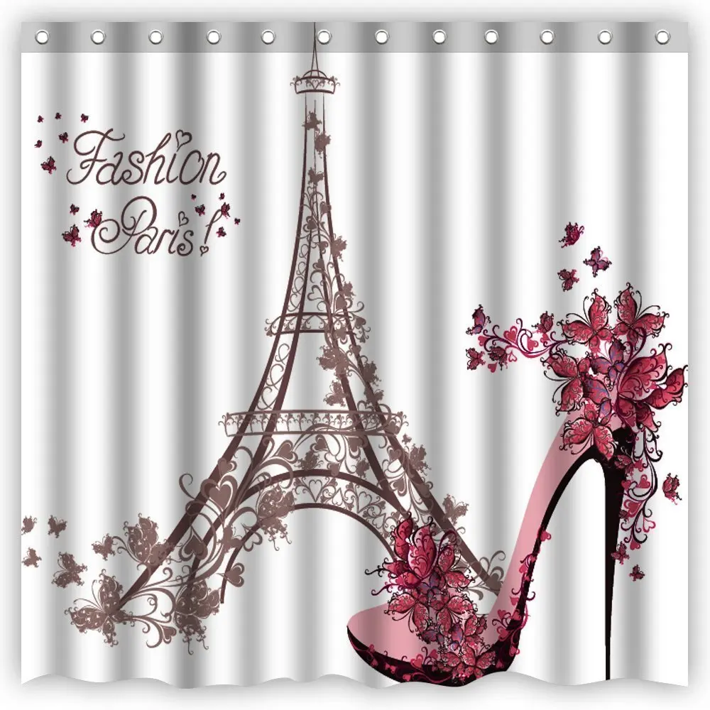 Винтажная Мода в стиле Парижа Eiffels Tower; пикантные туфли на высоком каблуке с бабочками и цветами; Водонепроницаемая полиэфирная ткань; занавеска для душа; цвет красный, белый