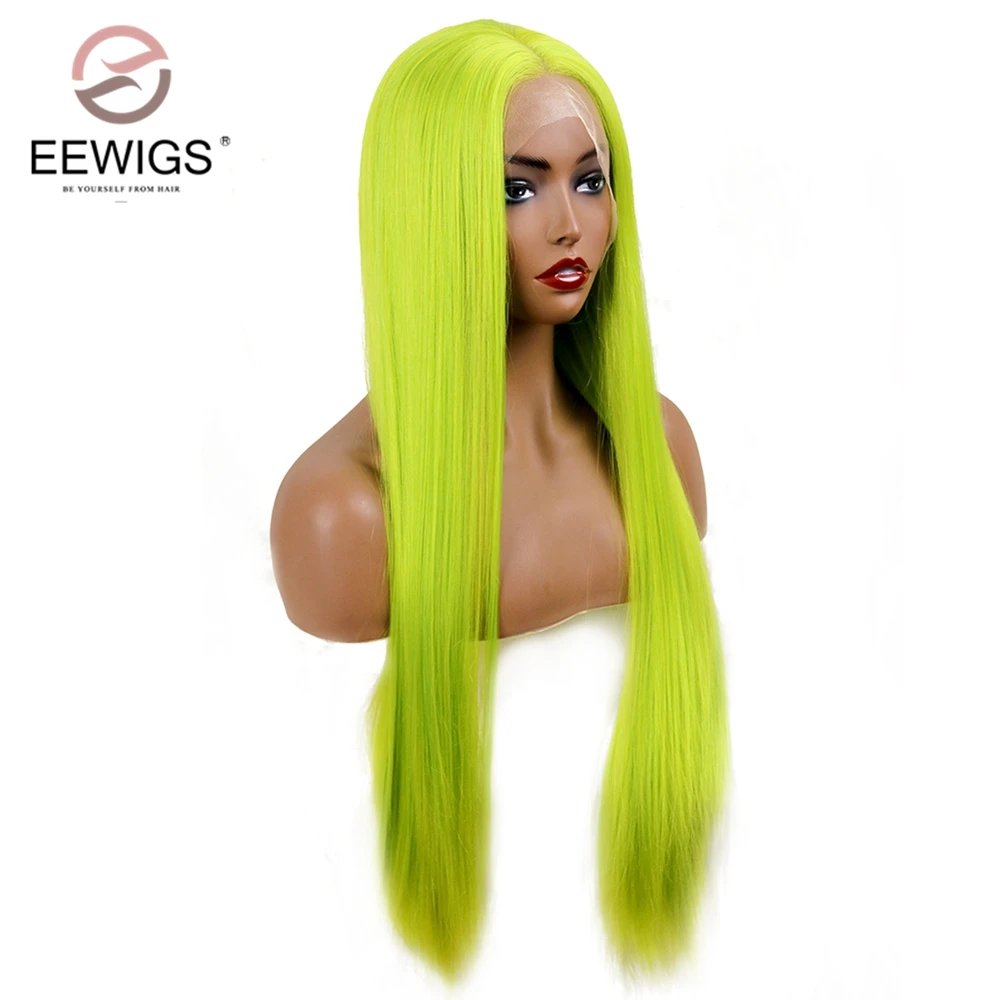 EEWIGS 2" длинные прямые волосы парики Glueless высокая температура неоновый зеленый синтетические парики на кружеве для черных женщин Drag queen