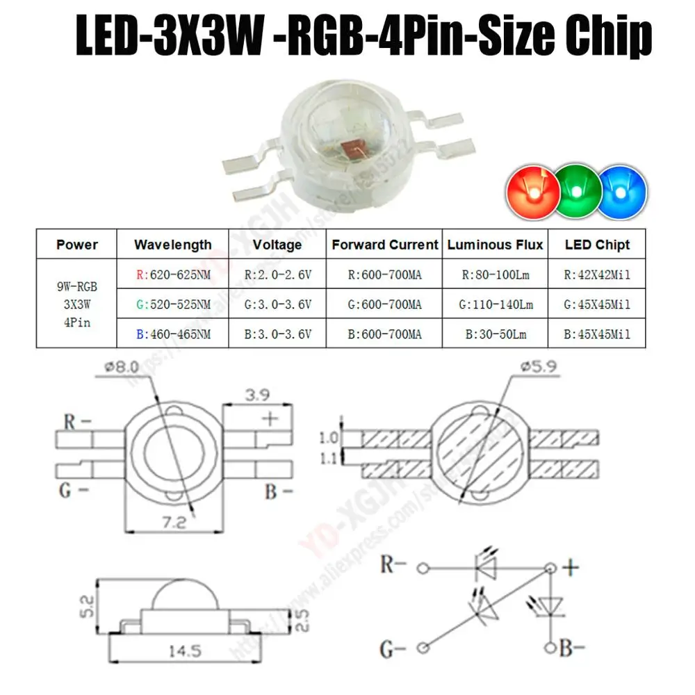 9 Вт RGB COB SMD диод 3 Вт высокомощный светодиодный чип красный зеленый синий 4 pin полноцветный для DIY Профессиональный светодиодный эффект сценического освещения - Испускаемый цвет: 4Pin 9W RGB