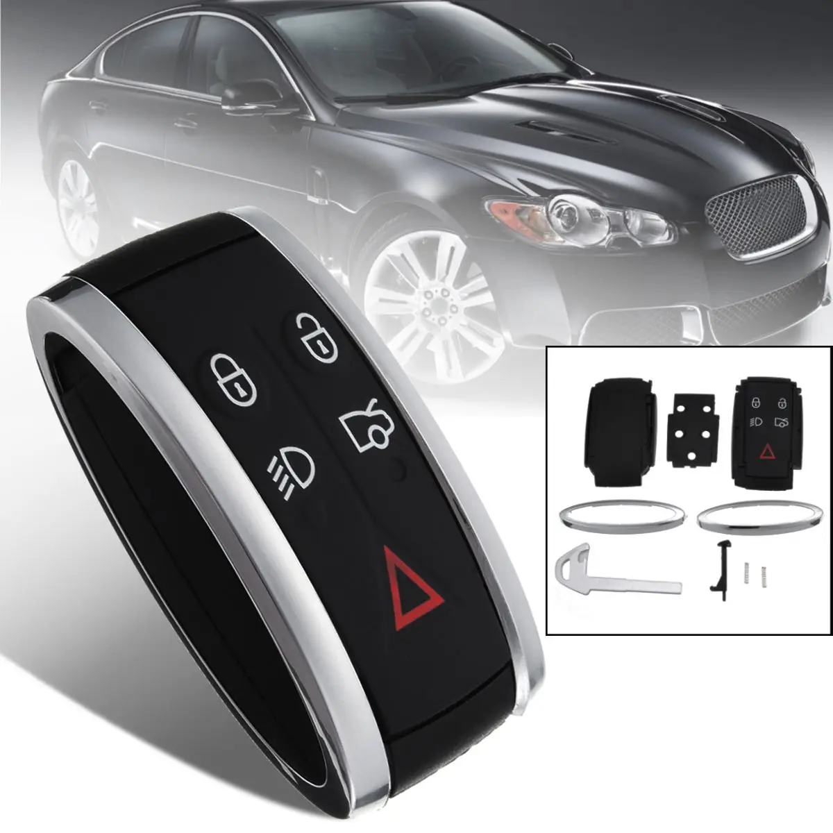 

5 Buttons Car Remote Smart Keyless Fob Case Shell w/ Uncut Key Blade For Jaguar XF XK XKR X-Type S-Type 2007 2008 2009 2010 2011