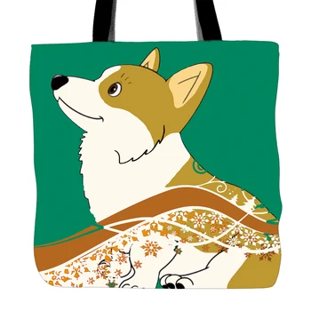 

Corgi Dog Printing Tote Bag For Shopping Food Convenience Women White Canvas Hand Bags Two Sided Printed
