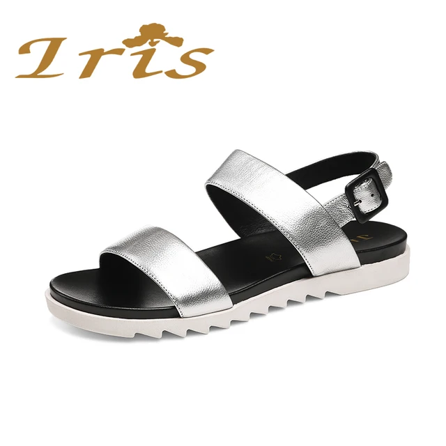  IRIS Flat Sandals Silver Women Casual Comfortable Soft Leather Buckle Back Strap Sandalias New Summer Russian Size 