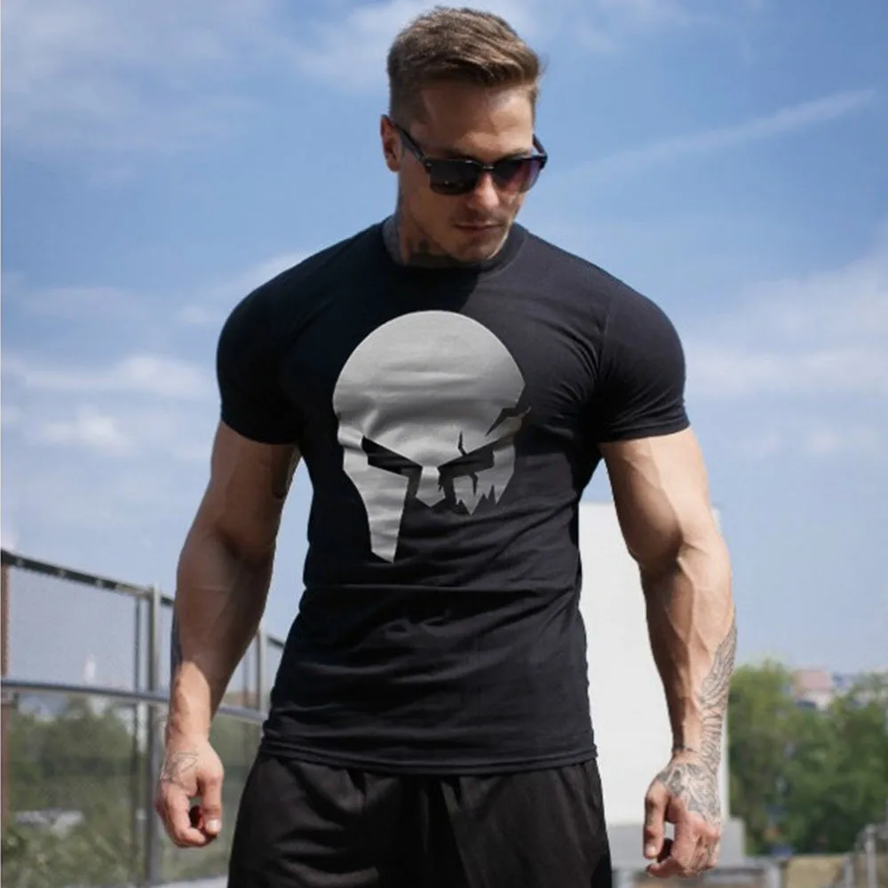 Повседневная хлопковая Футболка с принтом черепа, Мужская футболка с короткими рукавами для фитнеса, тонкая футболка, мужская летняя модная черная футболка с круглым вырезом, топы, одежда