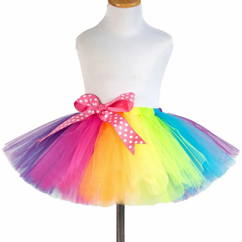 

2-12Y Cute Children's Rainbow Gauze tutu Skirts For Girls Performance Dance Ribbon Bow Shag tutus Skirt Kids Costumes