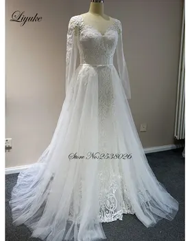

New Arrival Elegant Scoop 2 In 1 Wedding Dress With Button Full Sleeve Shiny Appliques Lace Bride Gown robe de mariage