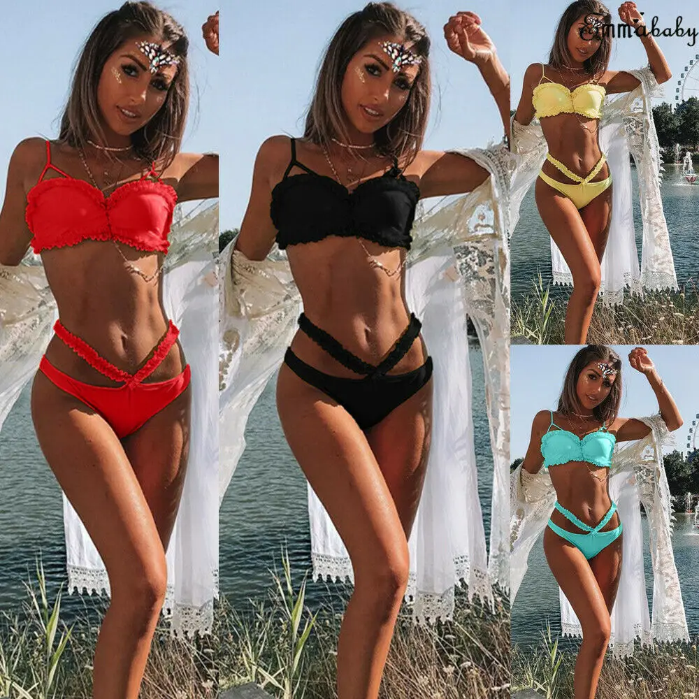 

Hot Women 2Pcs Bikini Set Bandage Sexy Solid Tankini Push Up Swimming Suit Ladies Summer Swimwear Padded Beachwear Bathing Suit