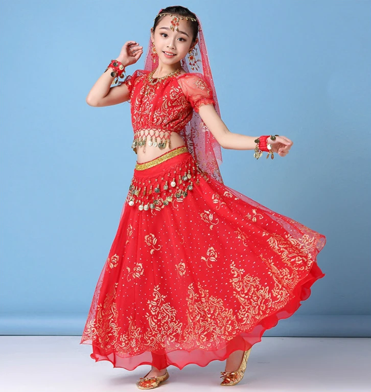 Trajes de danza del vientre para niños, traje de bollwood de la India, traje de actuación de escenario para niñas, conjunto de vestido de danza del vientre, ropa de la India|Danza