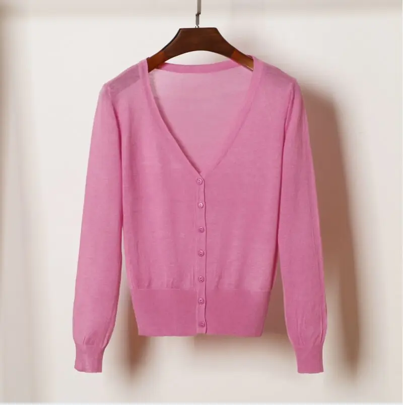 Вязаный женский Кардиган с длинным рукавом, мягкий тонкий свитер, однобортный Кардиган, женские пальто, верхняя одежда для женщин - Цвет: pink
