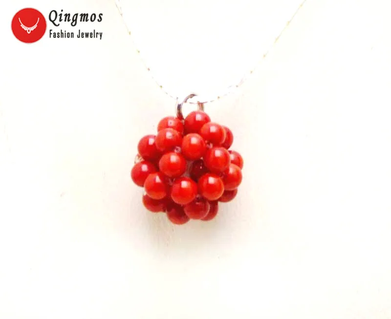 Qingmos Red Natural Coral Handwork Weaving 18-20mm Round Ball Pendant &amp Necklace for Women Silver Plated Chain Chokers 17'' |