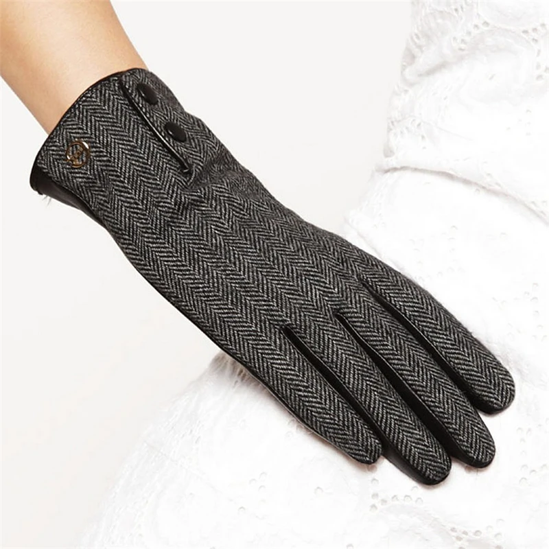 Модные женские зимние перчатки материал из шерстяного войлока поверхность твердая рука овчина перчатки запястья натуральная кожа для вождения EL036NC