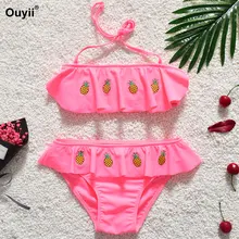 Детский купальный костюм одежда для плавания с оборками купальный костюм для девочек вышитое бикини, комплект детской новой спортивной одежды пляжная одежда с бретельками на шее купальный костюм