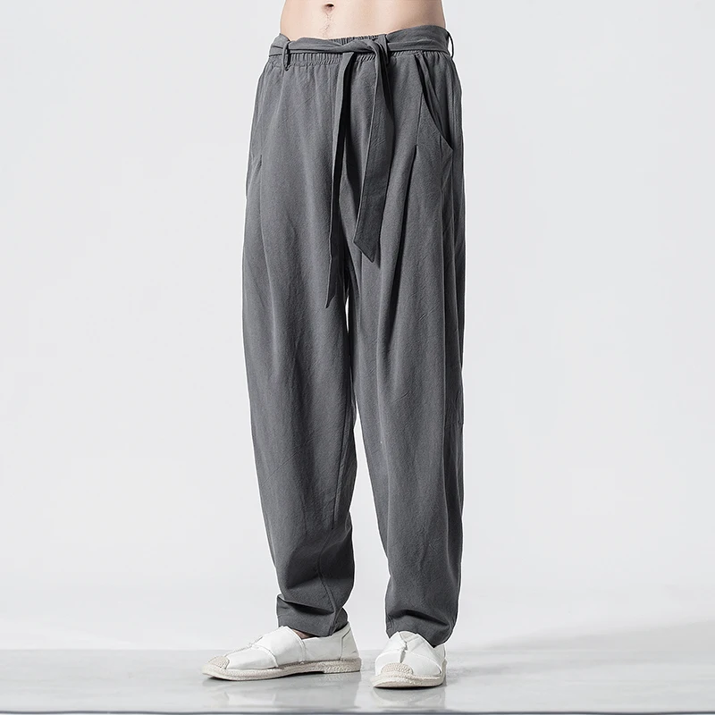 

Summer Chinese Style Retro Men's Pants Loose Straight Linen Pants Tang Suit Wide Bloomers Joggers Large Size Cotton Harem Pants