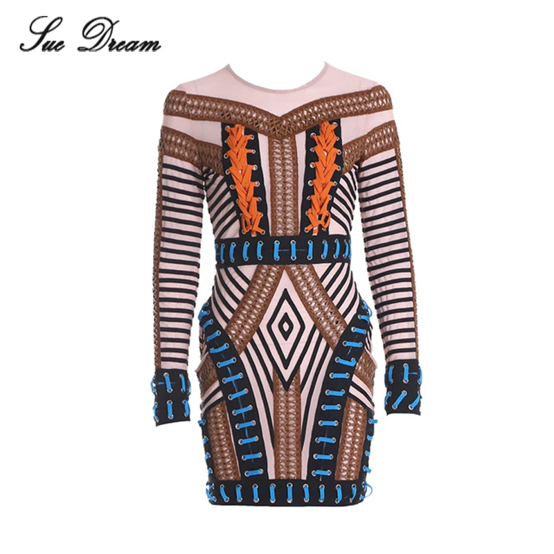

2017 Women mesh Patchwork Hollow Out Dress Evening Party Sexy O-Neck Mini full Sleeve Runway Club Lace-Up Vestidos Wholesale