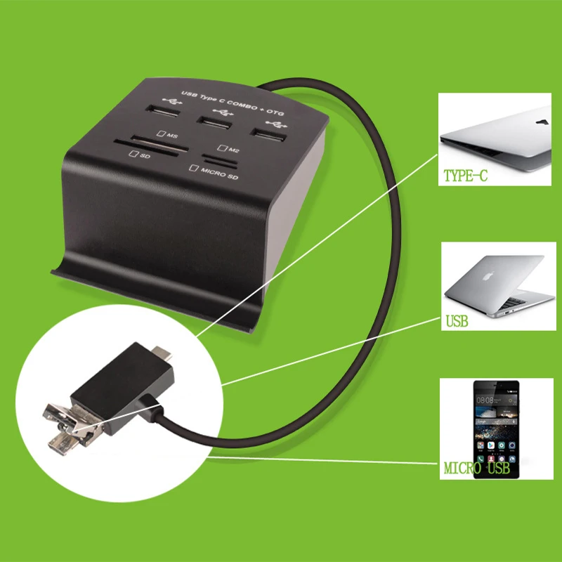 BASIX Тип C/Micro USB OTG HUB адаптер нескольких Usb с 3* USB2.0, SD/Micro SD/M2/MS card reader USB разветвитель для ноутбука Macbook Pro