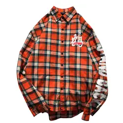 Японский Harujuku уличная для мужчин рубашки с длинными рукавами Oversize Chemise Homme кран плед демисезонный рубашка принтом оранжевый