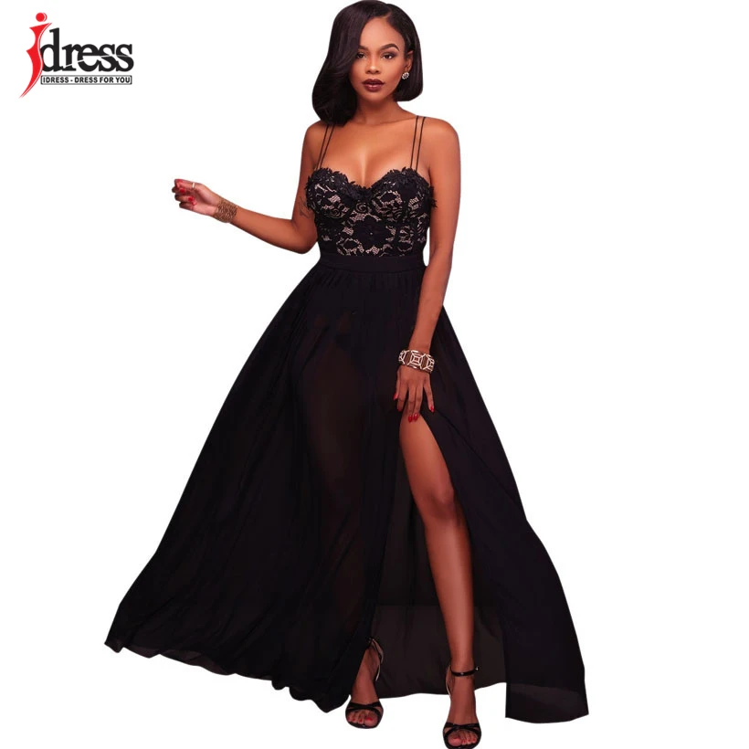 IDress 2017 Spaghetti Strap Black Lace Dress Women Party Elegant Floral Lace Chiffon Dress Floor Length Split Women Long Dress (14)