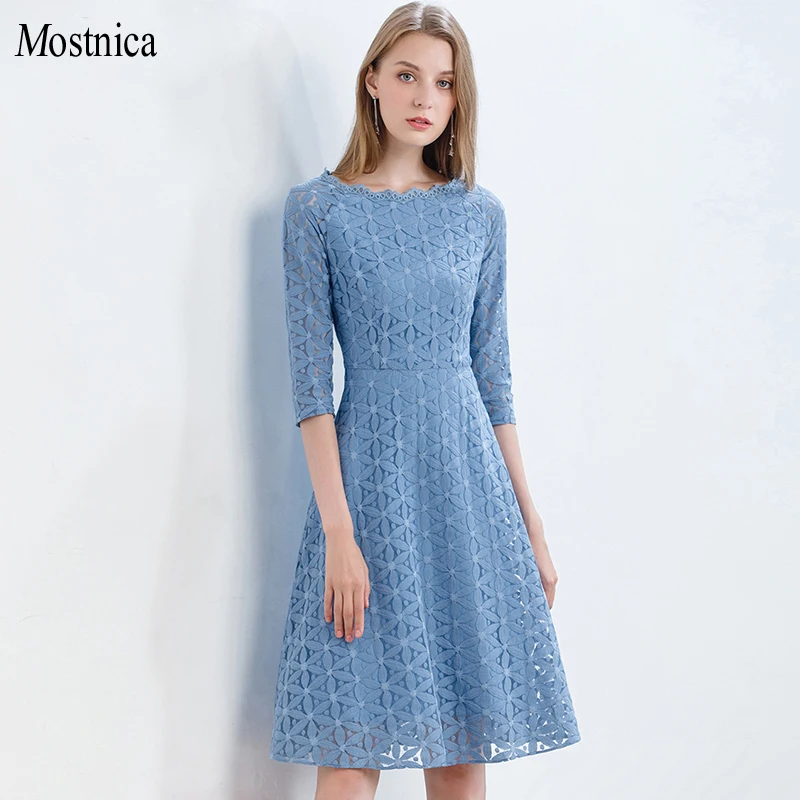 

Mostnica Spring Elegant Lace Sweet Princess Blue Lady Dress for Women Summer Embroidery Tight Dresses Woman Party Night Vestidos
