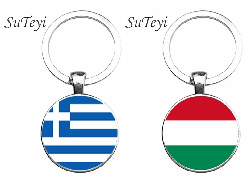 

SUTEYI 2017 Fashion Alloy Plated Keychain Jewelry Greece/Hungary Flag Key Ring 25mm Round Glass Key Chain For Men Car