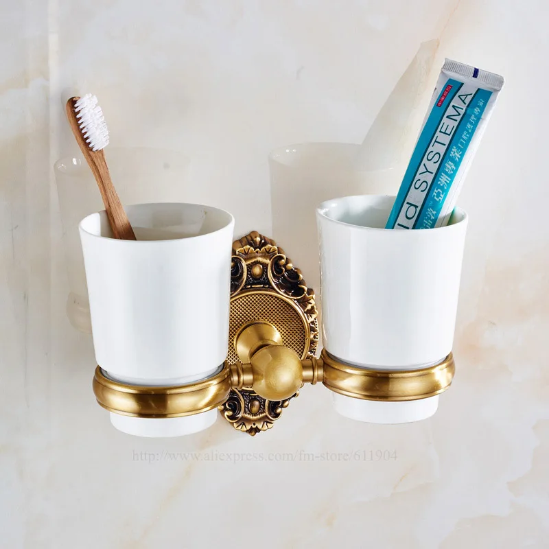 Free shipping Brass Polished Toothbrush Double Cup Tumbler Holders