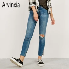 Arvinxia модная открытая Ленточки Для женщин повседневные джинсы из денима Разделение ботильоны-Длина женские брюки новое отверстие Молния Fly женские брюки