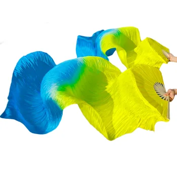 

100% silk handmade wholesale high quality Chinese silk veils dance fans Pair of belly dancing fans Yellow + Turquoise wholesale