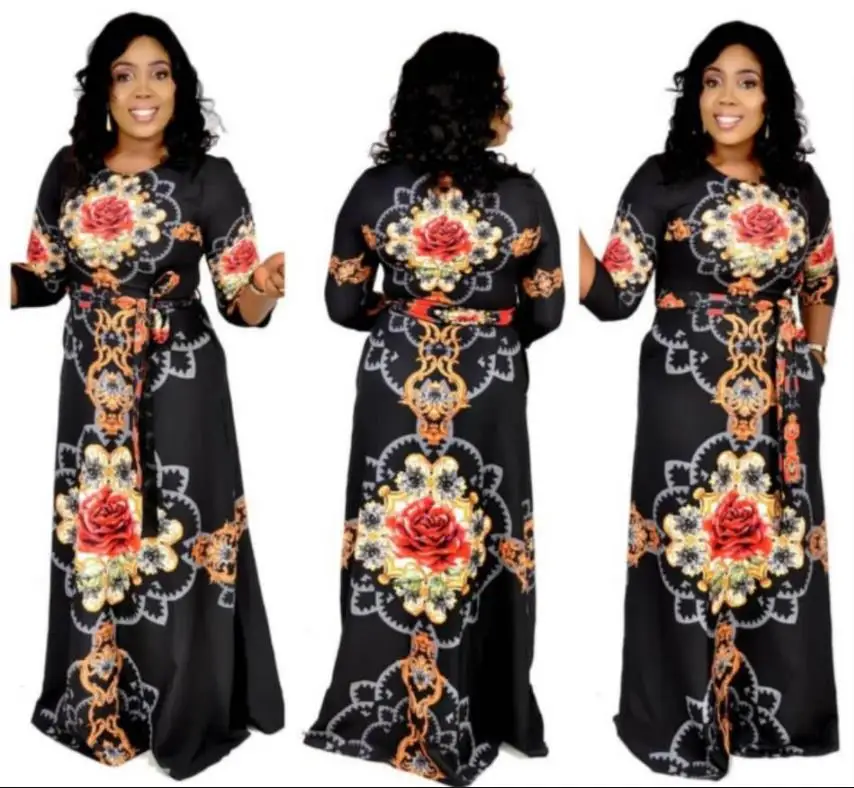 Новое поступление весеннее и осеннее Африканское женское красивое длинное платье размера плюс с принтом L-XL - Цвет: Черный