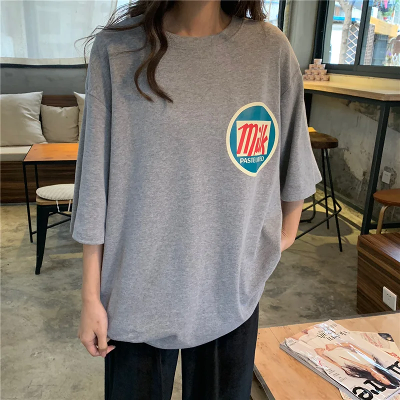 T-shirts Women Harajuku Milk Printed Kawaii BF Couple Clothes Unisex Loose Long Summer Tee Top Womens Tshirt Korean Style Trendy