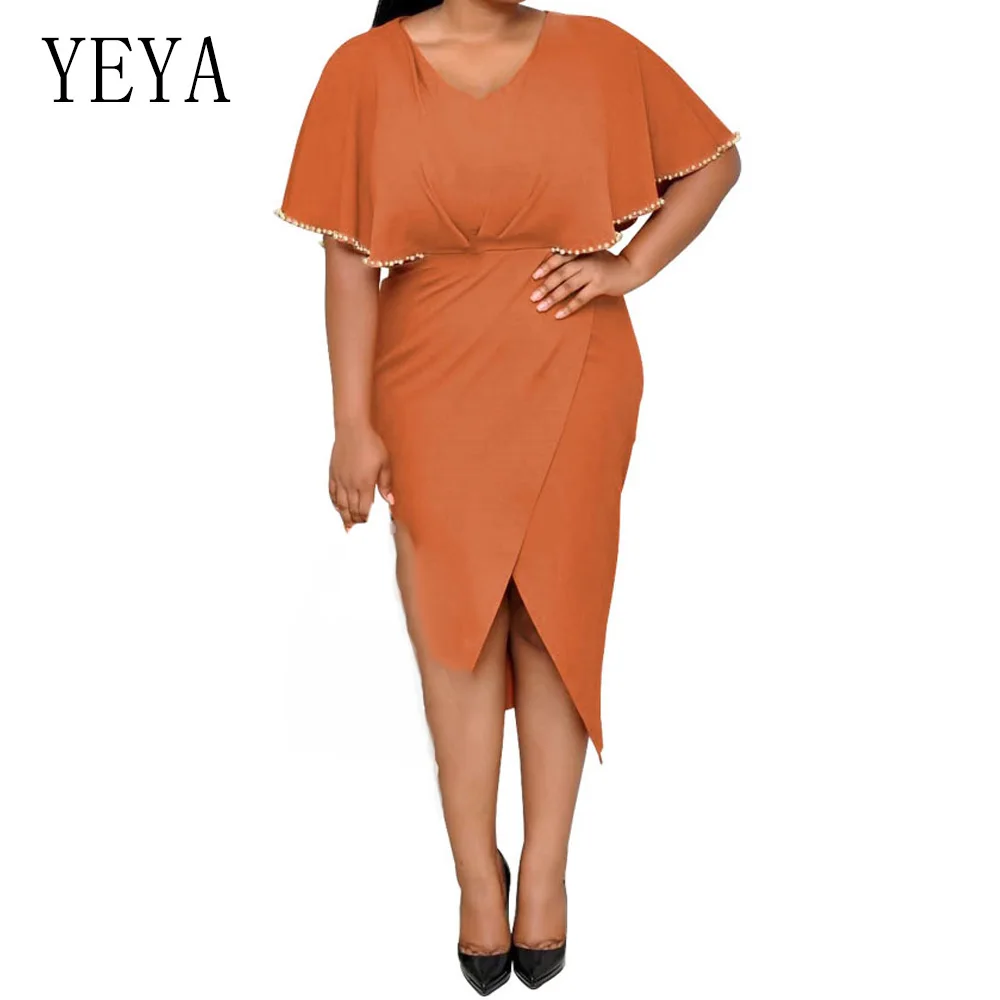 

YEYA Fashion Beaded Ruffle Cape Sleeve Pencil Dress Sexy V Neck Bodycon Bandage Dress Women Formal Office Work Party Dresses